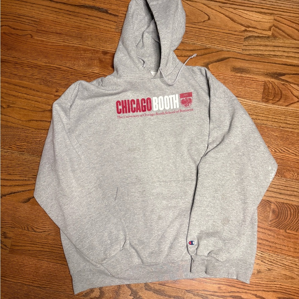 University of Chicago Champion Light Gray Hoodie with Chicago Booth Logo